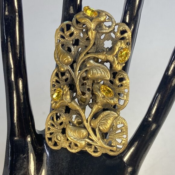 Antique Art Nouveau Fur Clip Dress Pin Filigree Goldtone Floral Rhinestone - Picture 3 of 13